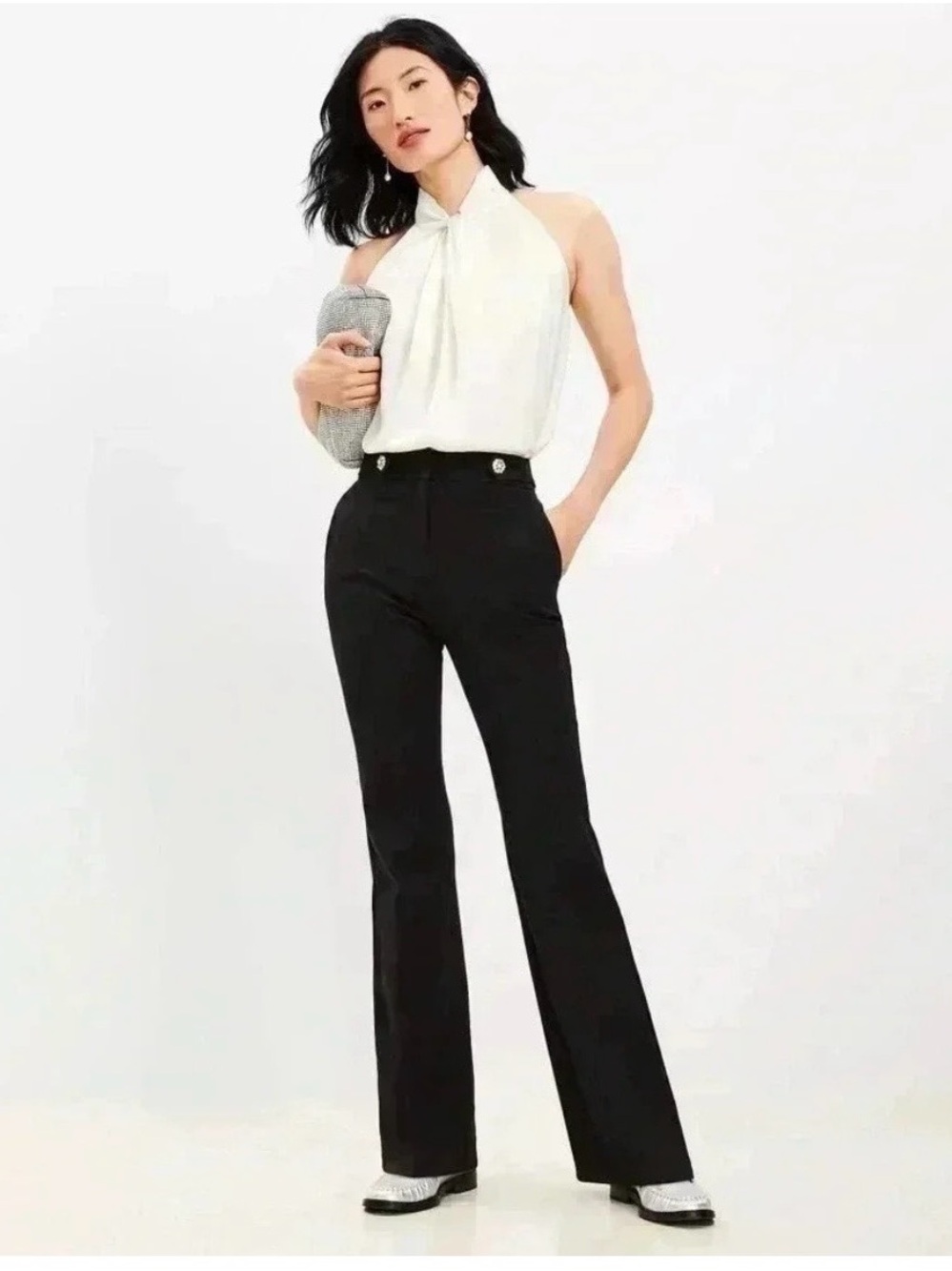 Loft Black Rhinestone Button-Tab
Waist Flare Pants in Melange Bi-Stretch